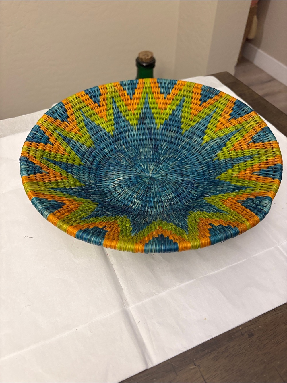 Tribal Blue Green Orange Woven Small Woven Basket Home Decor 12” Diameter